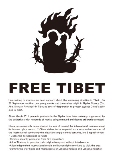 中国政府によるチベット人弾圧を即刻やめさせてください！（英語）